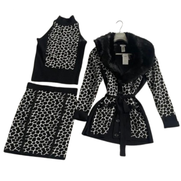 3 pc Cahe NWT Black and White Knit Ensemble with Faux Fur Trim - Picture 1 of 17